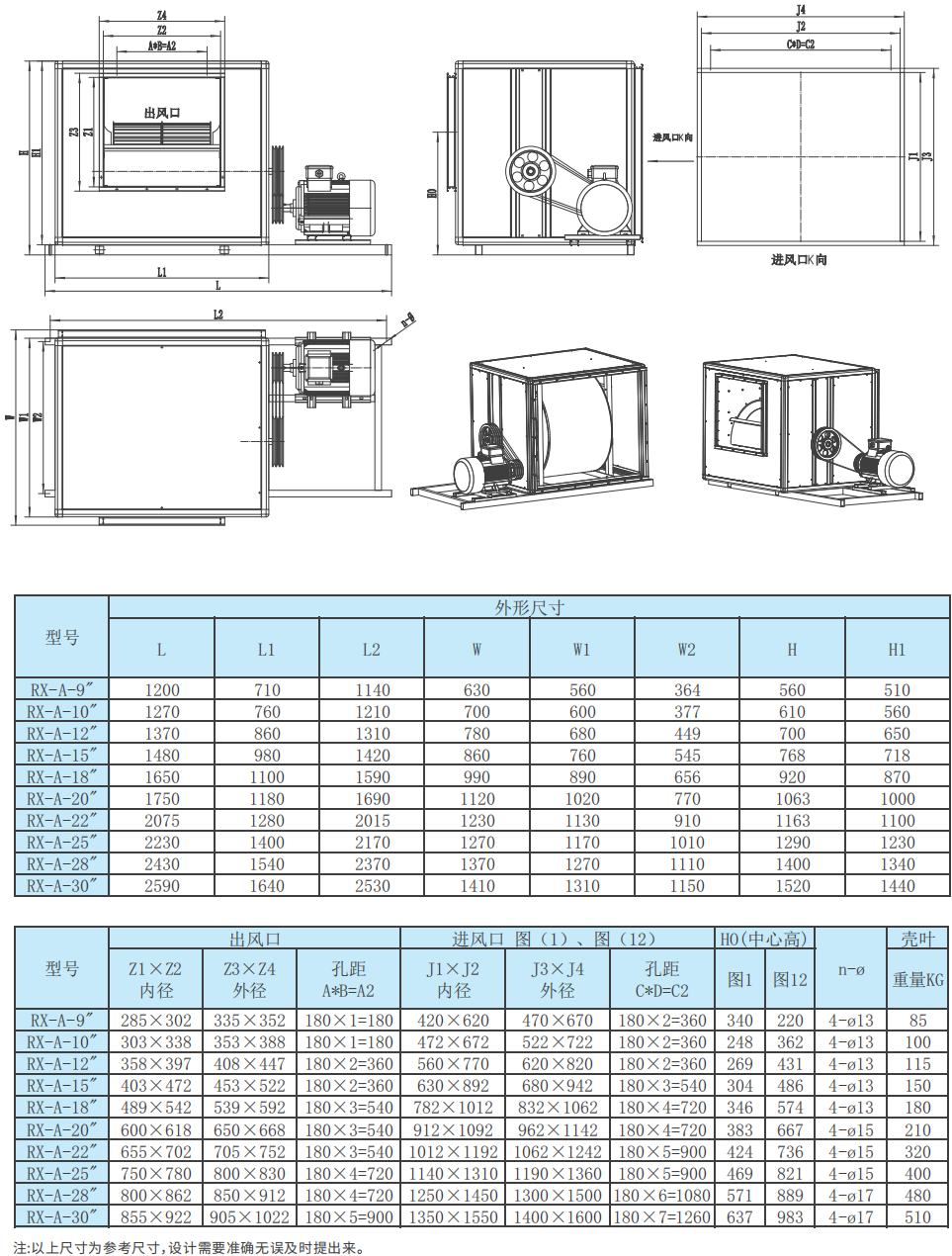 RX系列低噪声柜式离心通风机外形及安装尺寸1
